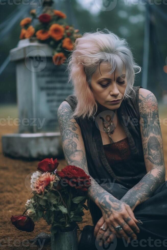 AI Generative Sad woman in the cemetery holding bouquet of roses in her hand  Female grieving for a lost love  Religion and stop war concept photo