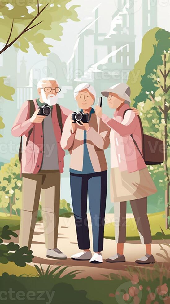 AI Generative Senior couple taking selfie with smart mobile phone outside  Two aged tourists enjoying together summer vacation  Life style concept with mature female and male smiling at camera photo