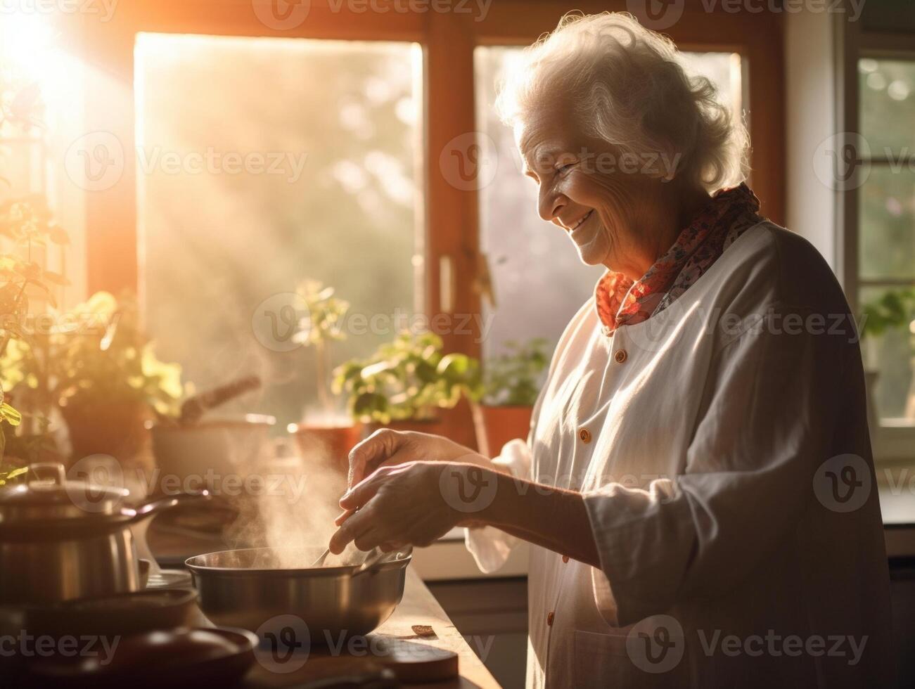 AI Generative Senior woman cooking at home using digital tablet photo