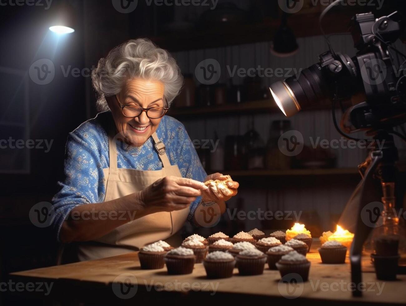 AI Generative Senior woman cooking healthy food in the kitchen  Food blogger recording video tutorial at home   People food and vlogger concept photo