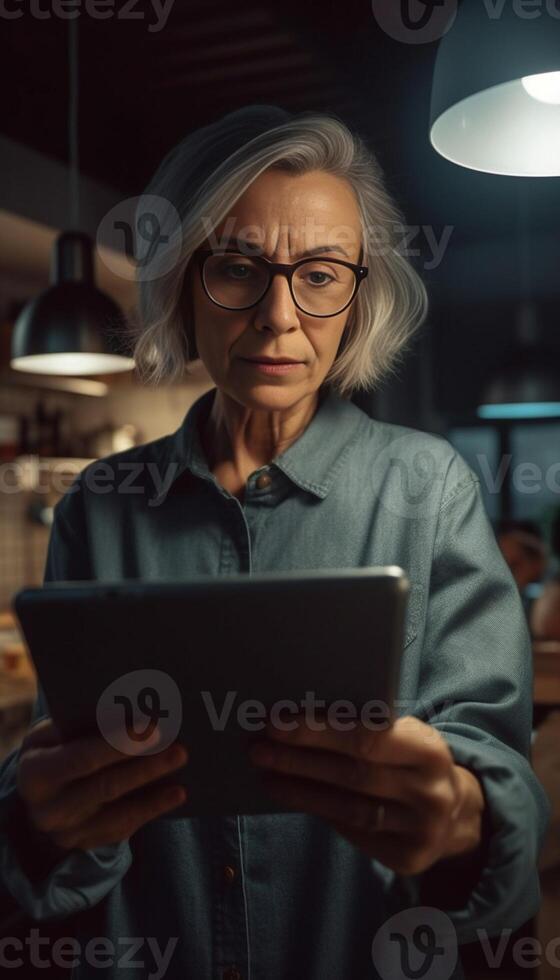 AI Generative Senior woman cooking vegetables at home reading a recipe on the tablet Old people using technology cooking food photo