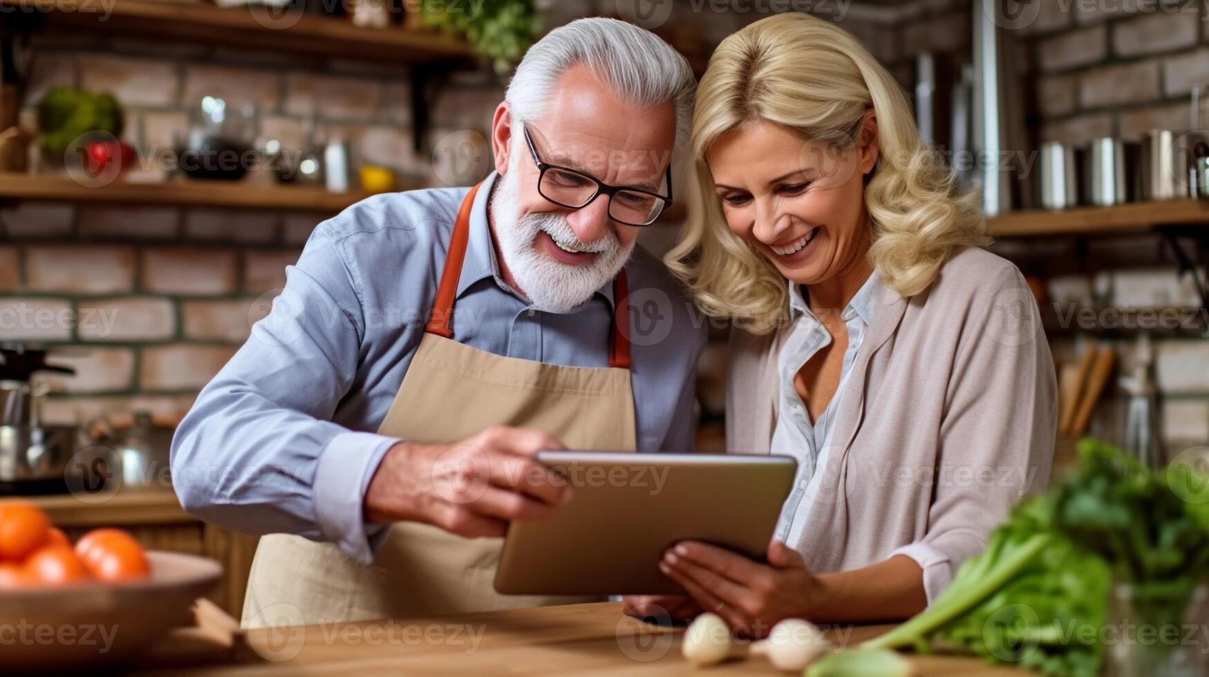 AI Generative Senior woman cooking vegetables at home reading a recipe on the tablet Old people using technology cooking food photo