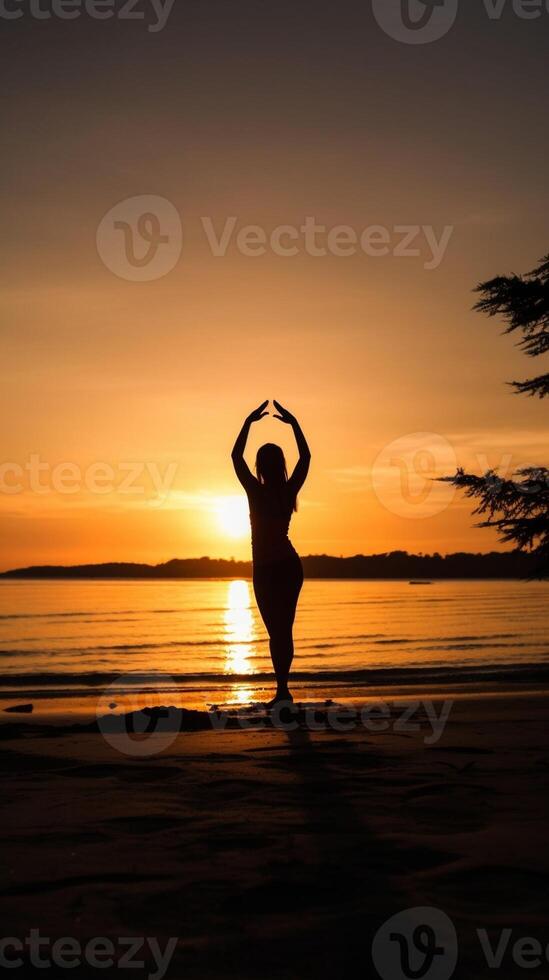 AI Generative Senior woman doing yoga exercise tree pose at beach at sunset  Calm and meditation concept photo