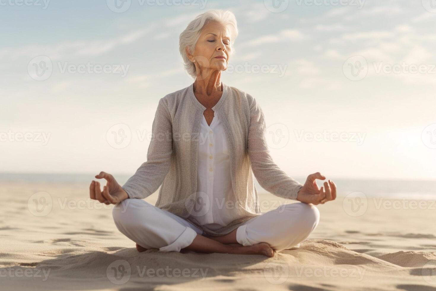 AI Generative Senior woman in lotus pose sitting on the sand  Yoga at beach  Calm and meditation concept photo