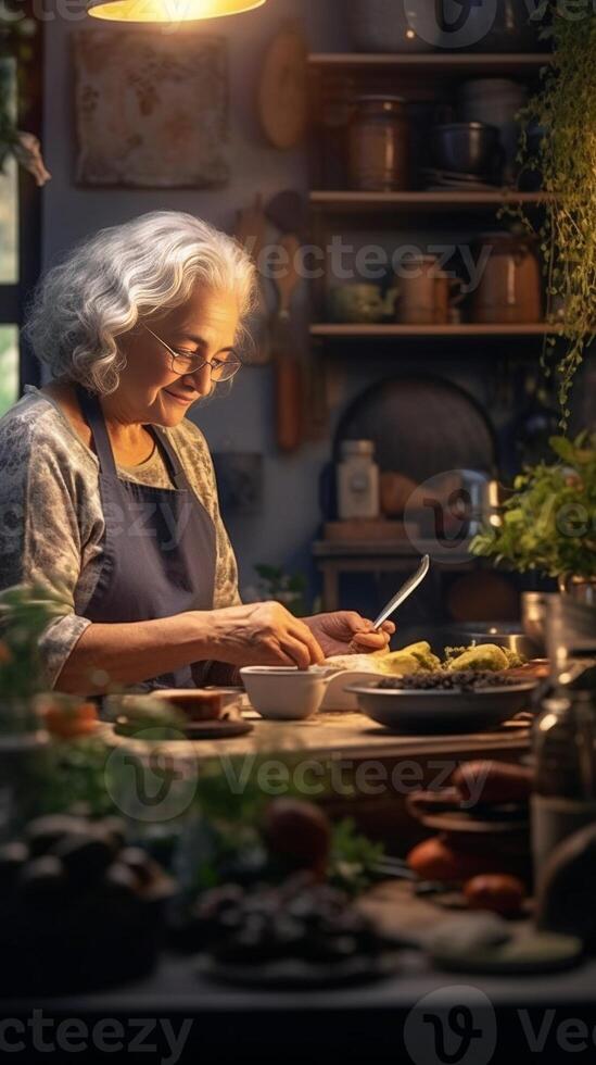 AI Generative Senior woman taking a selfie cooking vegetables with help of recipe on tablet in the kitchen at home photo