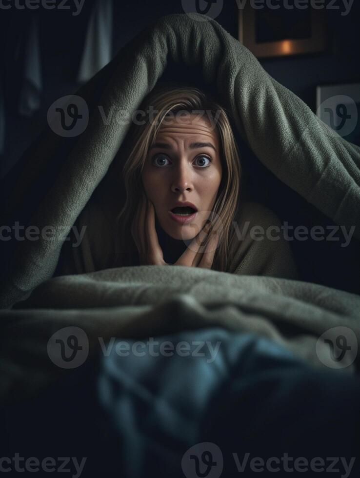 AI Generative Shy cute lovely young blonde woman lying in bed and hiding her face behind sheet photo