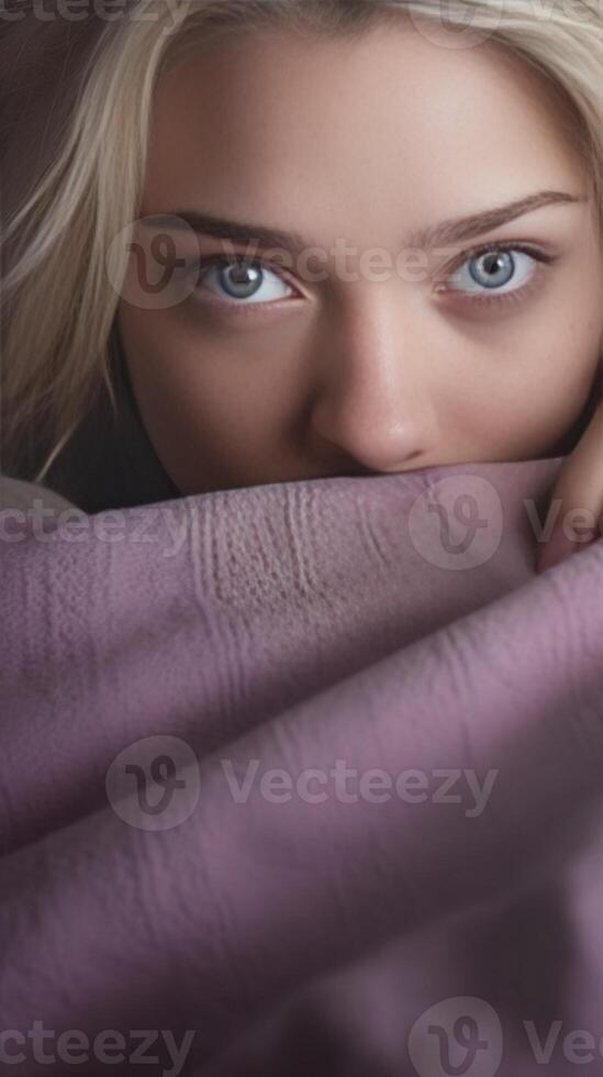 ai generativo tímido linda encantador joven rubia mujer acostado en cama y ocultación su cara detrás sábana foto