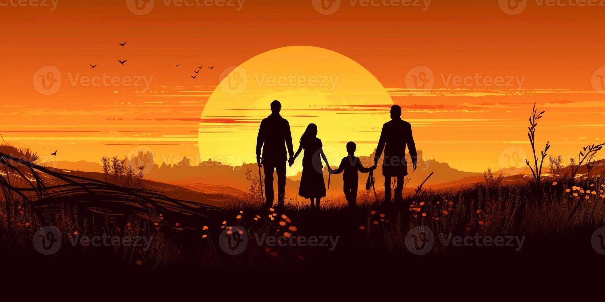 AI Generative Silhouette of happy family walking in the meadow at sunset  Mother father and child son having fun outdoors enjoying time together  Family love mental health and happy lifestyle co photo