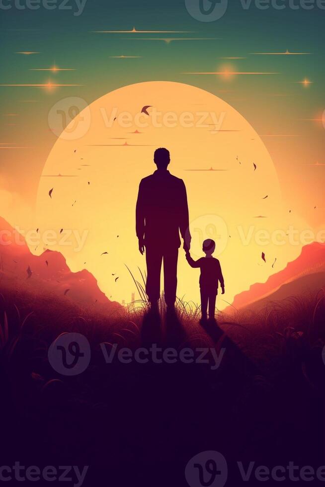 AI Generative Silhouette of happy family walking in the meadow at sunset  Mother father and child son having fun outdoors enjoying time together  Family love mental health and happy lifestyle co photo