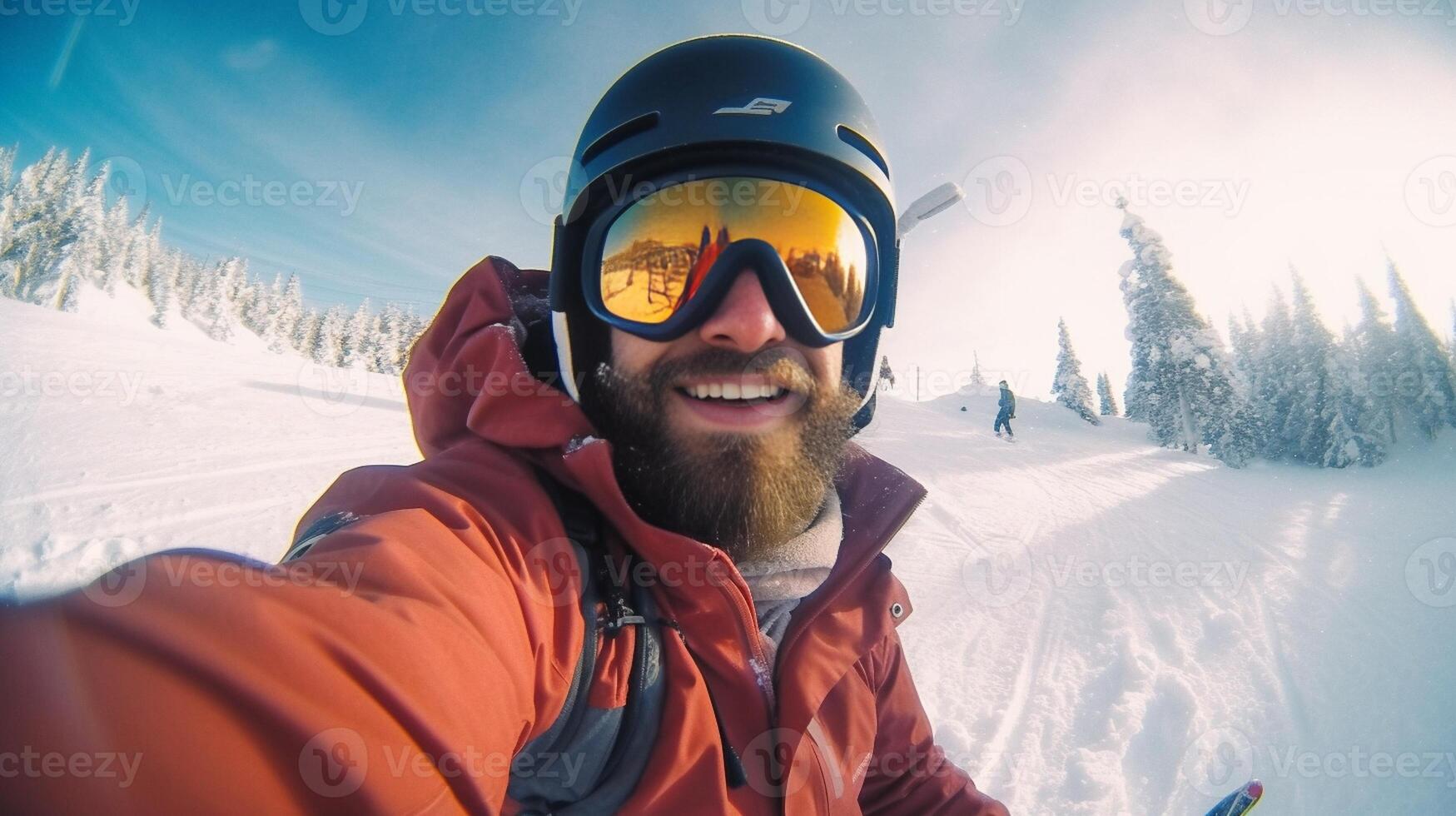 AI Generative Skier man is taking a selfie on a snowy mountain at winter photo