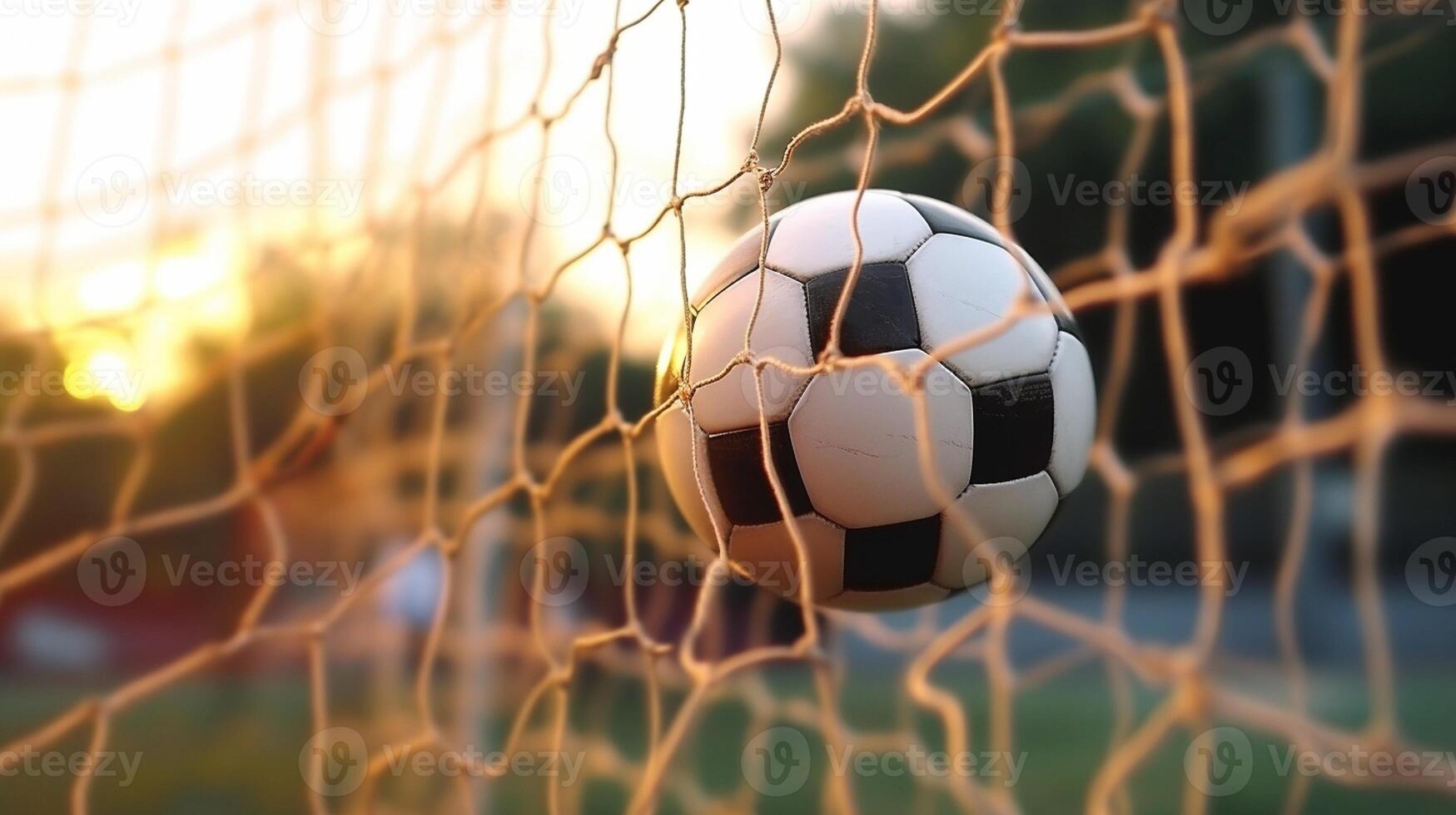 AI Generative Soccer ball in goal outdoor on a sunset background  Lifestyle scene concept about sport photo