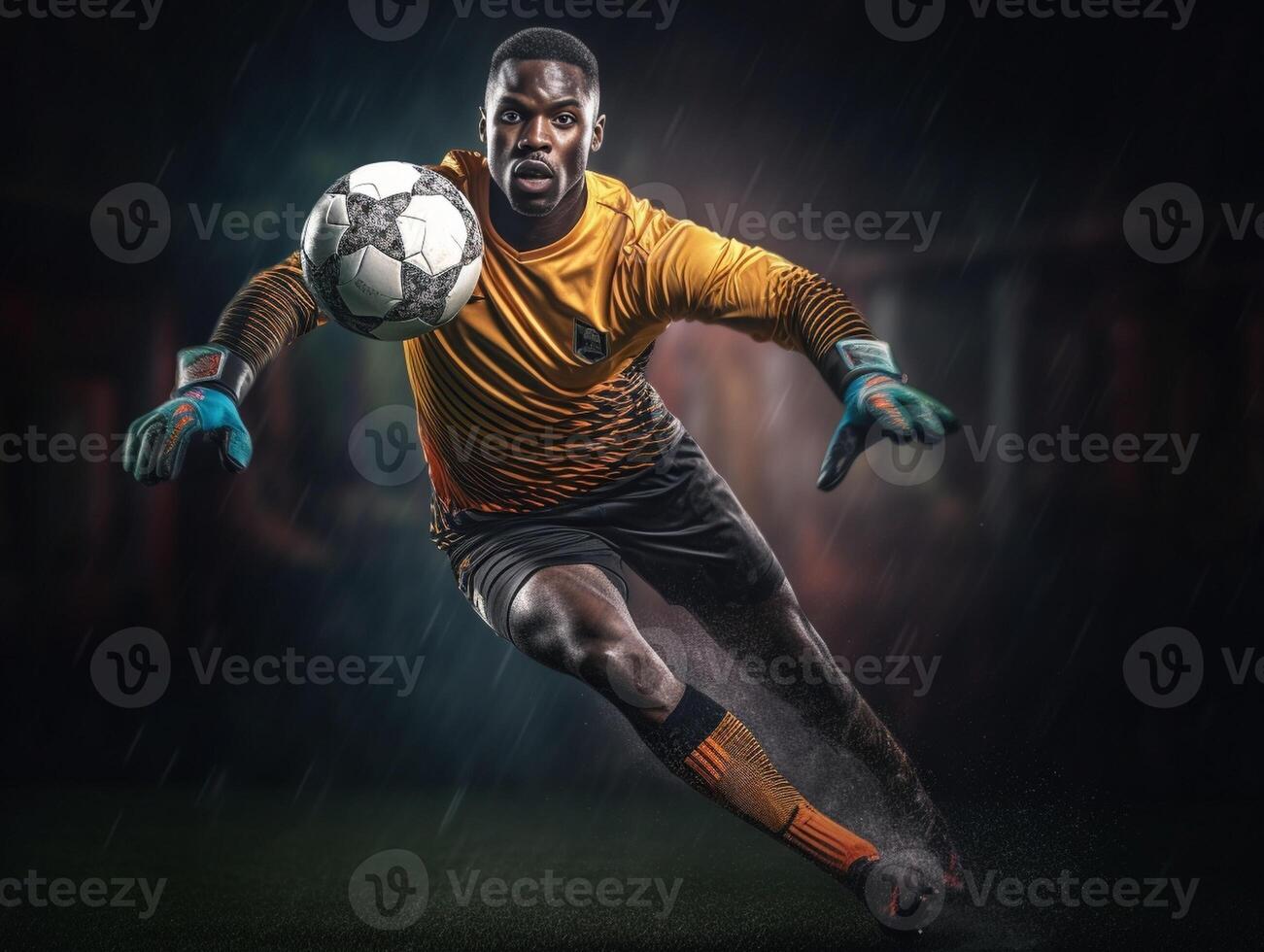 AI Generative Soccer player in action on the soccer stadium  Goalkeeper catches the ball  Football and sport championship concept photo