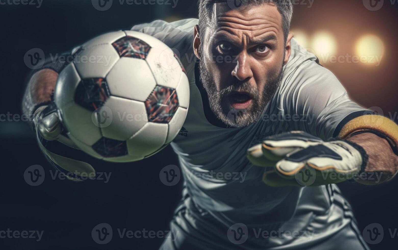 AI Generative Soccer player in action on the soccer stadium  Goalkeeper catches the ball  Football and sport championship concept photo