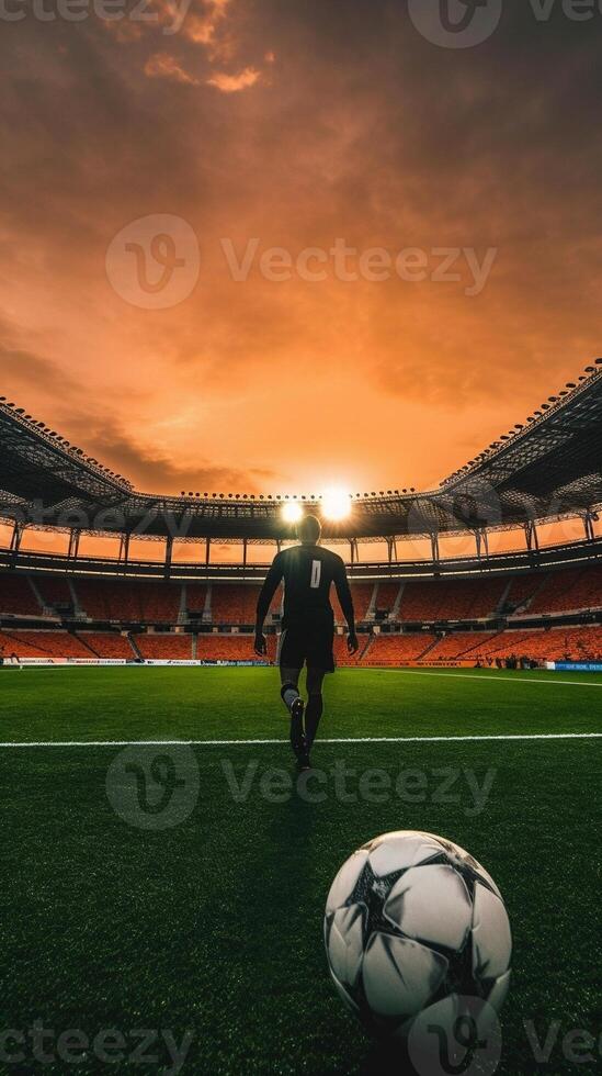 ai generativo fútbol jugador es formación solo a el estadio a puesta de sol concepto acerca de fútbol deporte personas y estilo de vida foto