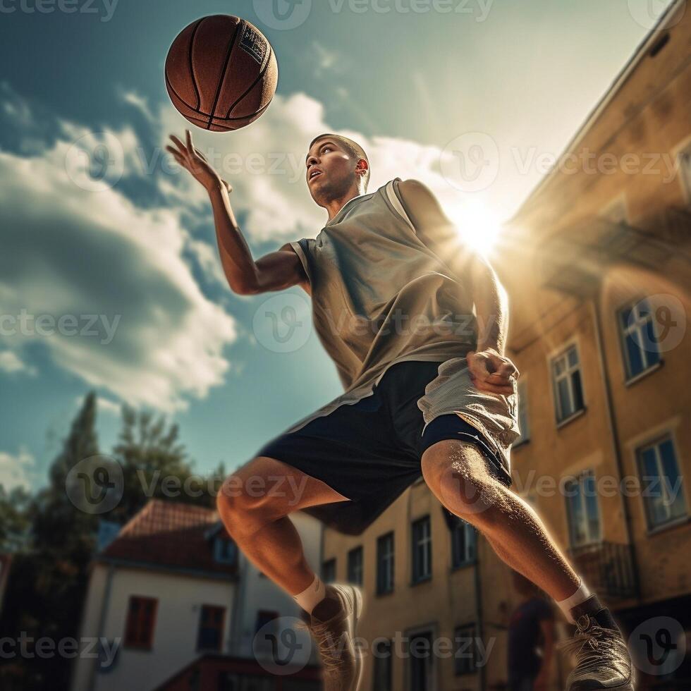 AI Generative Street basketball player making a powerful slam dunk on the court  Athletic male training outdoor on a cloudy sky background  Sport and competition concept photo