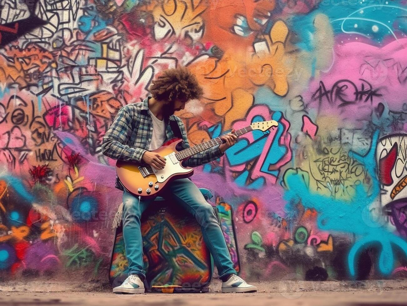 AI Generative Street artist plays guitar  art lifestyle and music concept photo