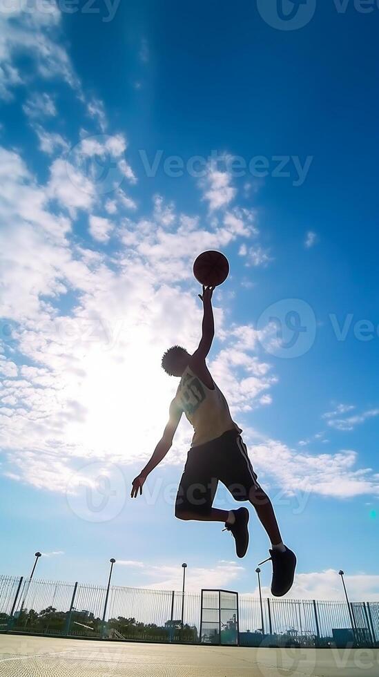 AI Generative Street basketball player making a powerful slam dunk on the court  Athletic male training outdoor on a cloudy sky background  Sport and competition concept photo