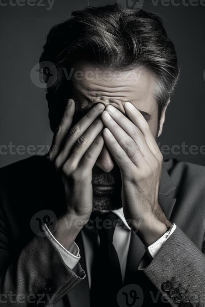 AI Generative Stressed businessman outdoor he is covering his face with his hand  black people  business people and lifestyle concept photo