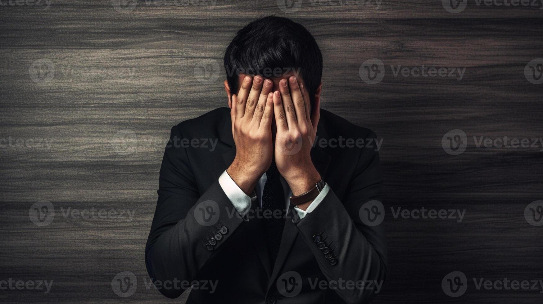 AI Generative Stressed businessman outdoor he is covering his face with his hand  black people  business people and lifestyle concept photo