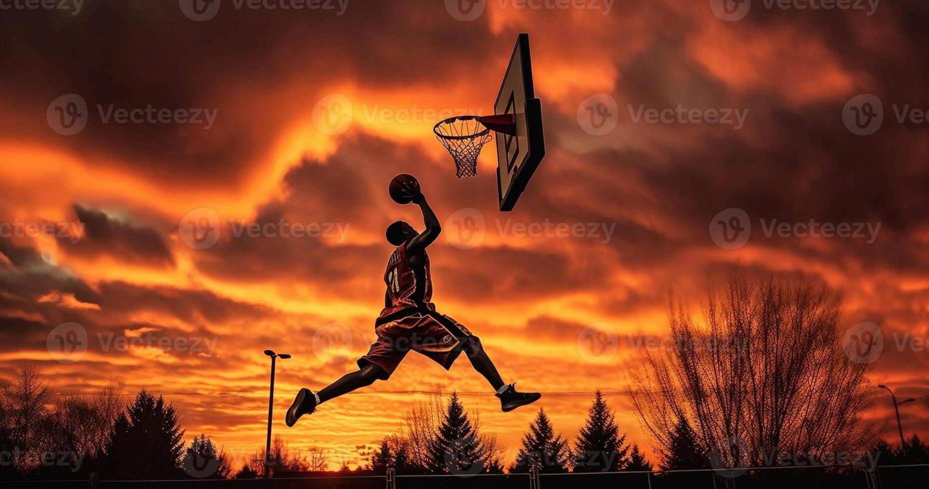 AI Generative Street basketball player making a powerful slam dunk on the court  Athletic male training outdoor at sunset  Sport and competition concept photo