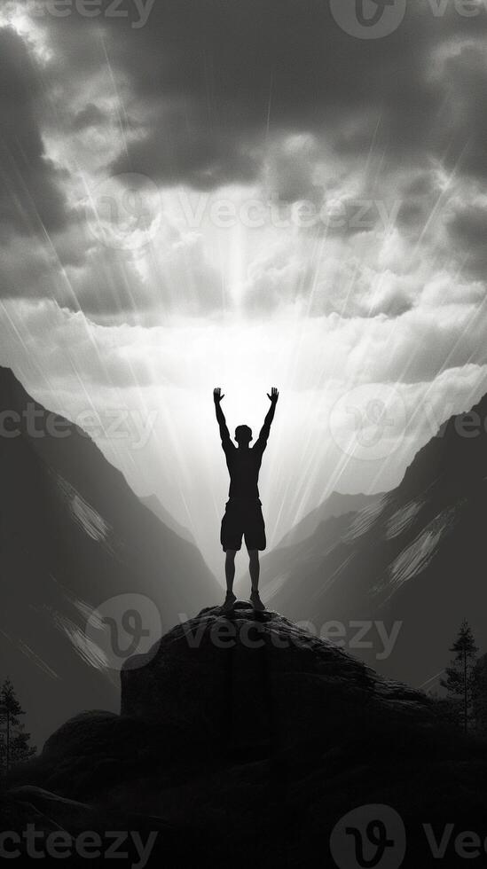 AI Generative Success achievement silhouette  Man celebrating with arms up raised outstretched hiking mountains  Sport and business concept photo