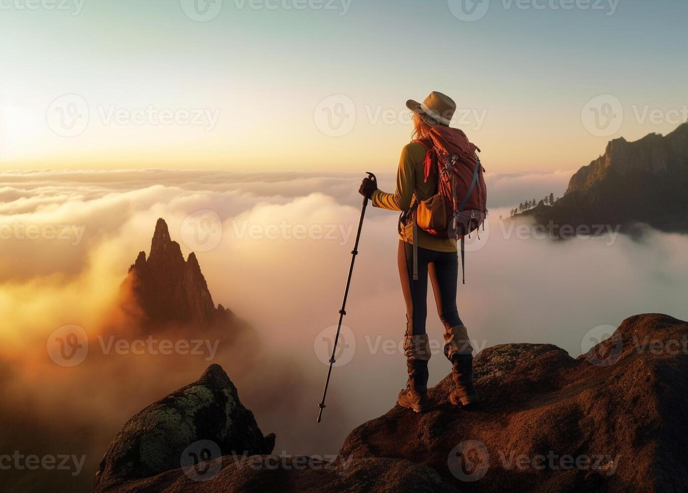 AI Generative Success woman hiker hiking on sunrise mountain peak  Young woman with backpack rise to the mountain top Discovery Travel Destination Concept photo