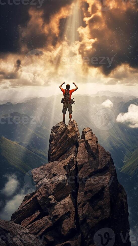 AI Generative Successful hiker hiking a mountain pointing to the sunset Wild man with backpack climbing a rock over the storm Success wanderlust and sport concept photo