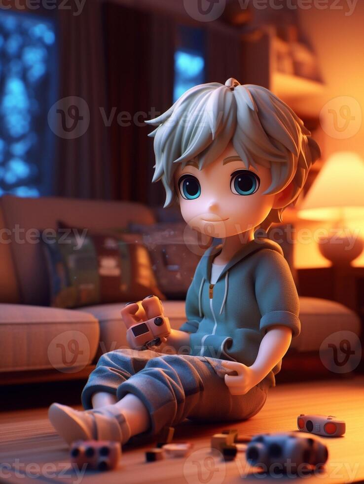 AI Generative Superhero child playing video game with joystick sitting on the couch at home  Children gaming and technology concept photo