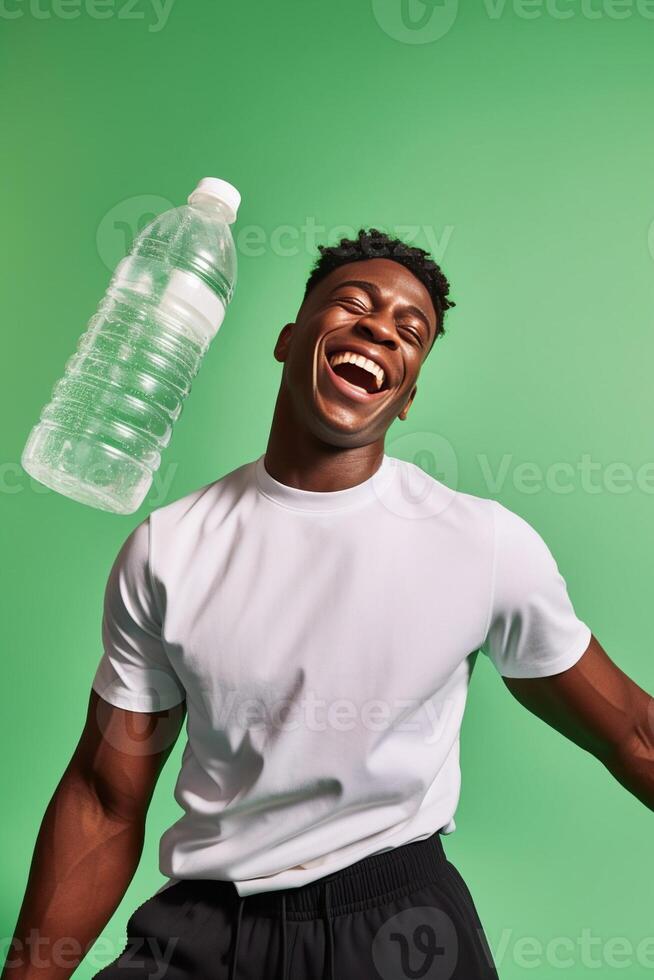 AI Generative Thirsty attractive athletic african man drinking fresh water after workout photo