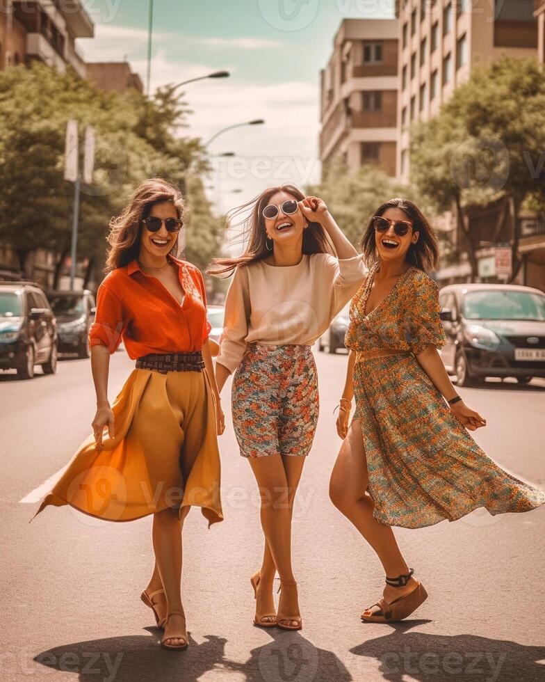 ai generativo Tres joven diverso mujer teniendo divertido en ciudad calle al aire libre multicultural hembra amigos disfrutando un fiesta día fuera juntos contento estilo de vida juventud y joven hembras concepto foto