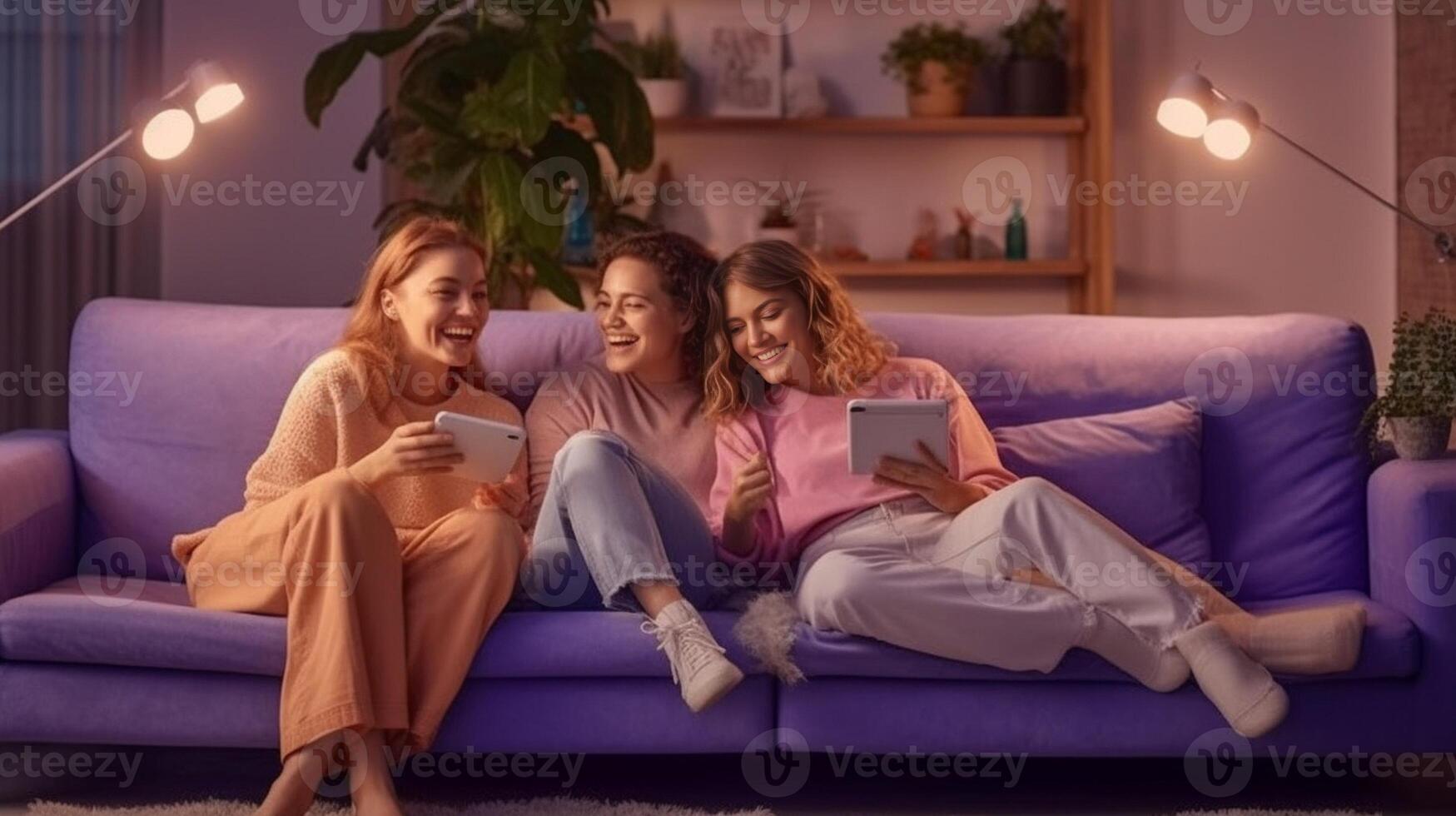 AI Generative Three young hispanic women smiling happy lying on sofa at home  Multiracial teenage girls standing upside down on the couch having fun together in living room  Happy lifestyle and photo