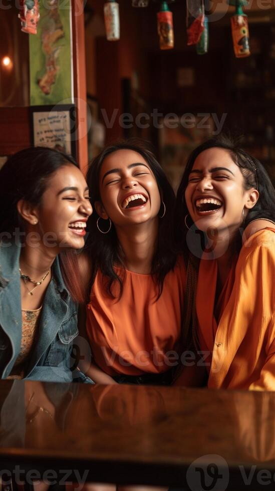 ai generativo Tres joven mujer disfrutando desayuno Bebiendo café sentado a bar cafetería vida estilo concepto con hembra amigos colgando fuera en ciudad calle comida bebida y amistad conce foto