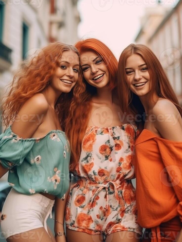 AI Generative Three young women taking selfie portrait on city street  Multicultural female friends having fun on vacation hanging outdoor  Friendship and happy lifestyle concept photo