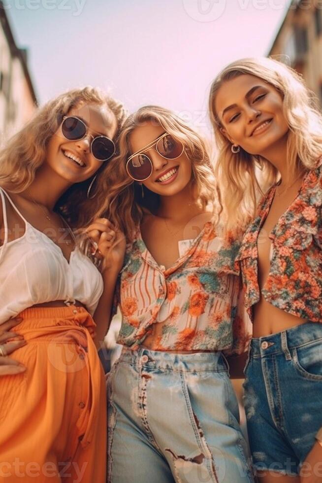 ai generativo Tres joven mujer tomando selfie caminando en ciudad calle multirracial hembras imagen sonriente a cámara fuera de amistad y turismo concepto con muchachas teniendo divertido juntos foto