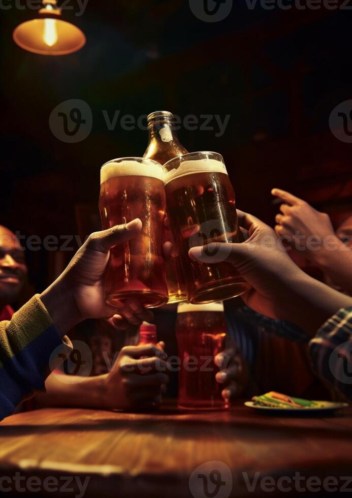 AI Generative Top view of friends cheering with home brew in pub bar restaurant Young people hands toasting and beers half pint photo