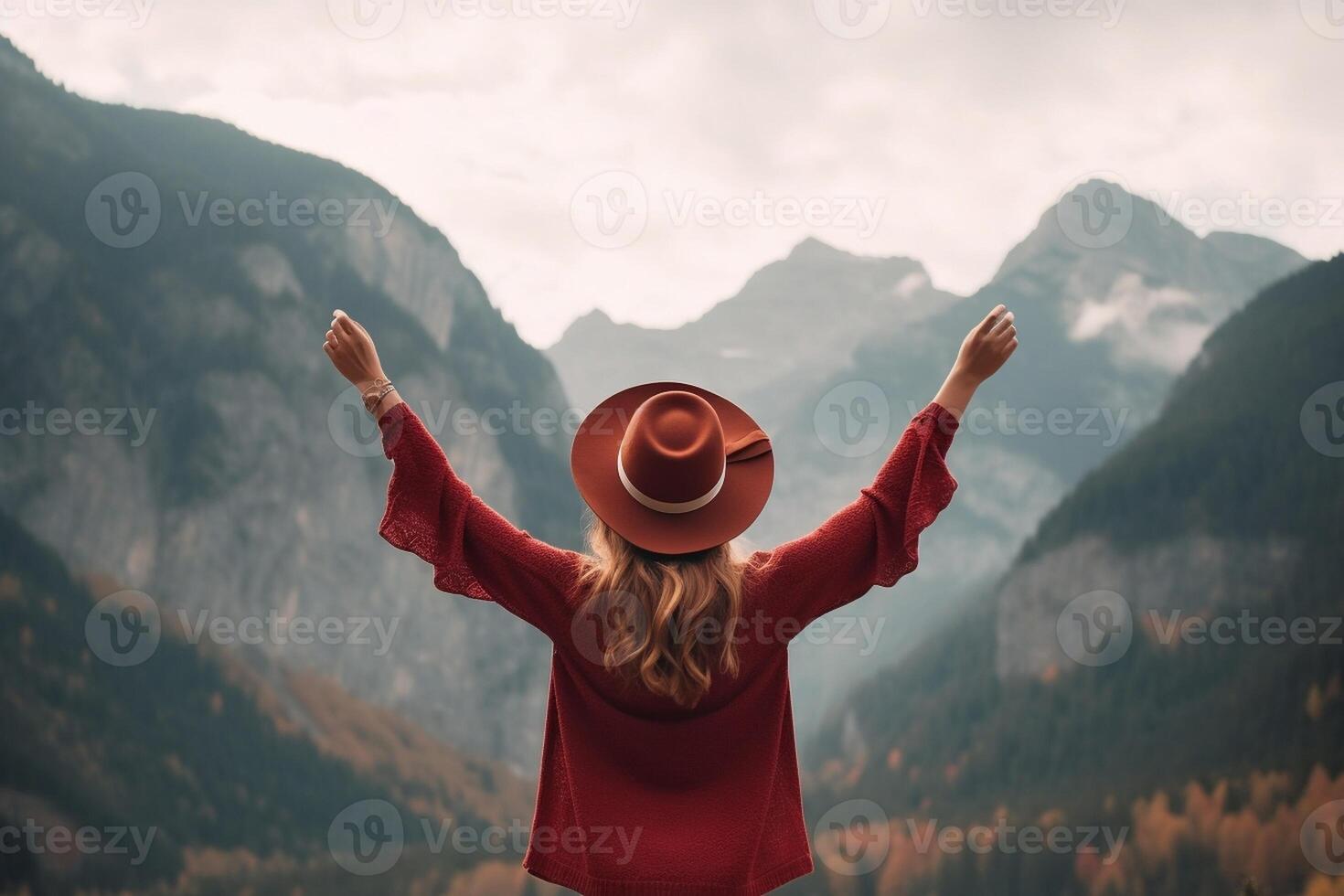 AI Generative Traveller young woman rising arms to the sky at world trip Girl on vacation in the nature enjoying life photo