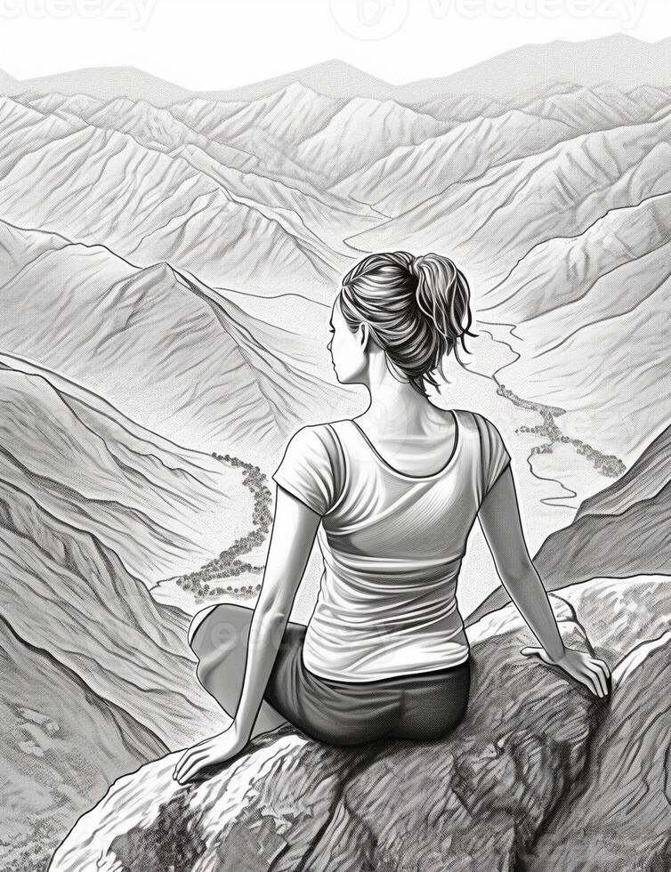 AI Generative Traveller young woman sitting looking the mountain landscape at world trip photo