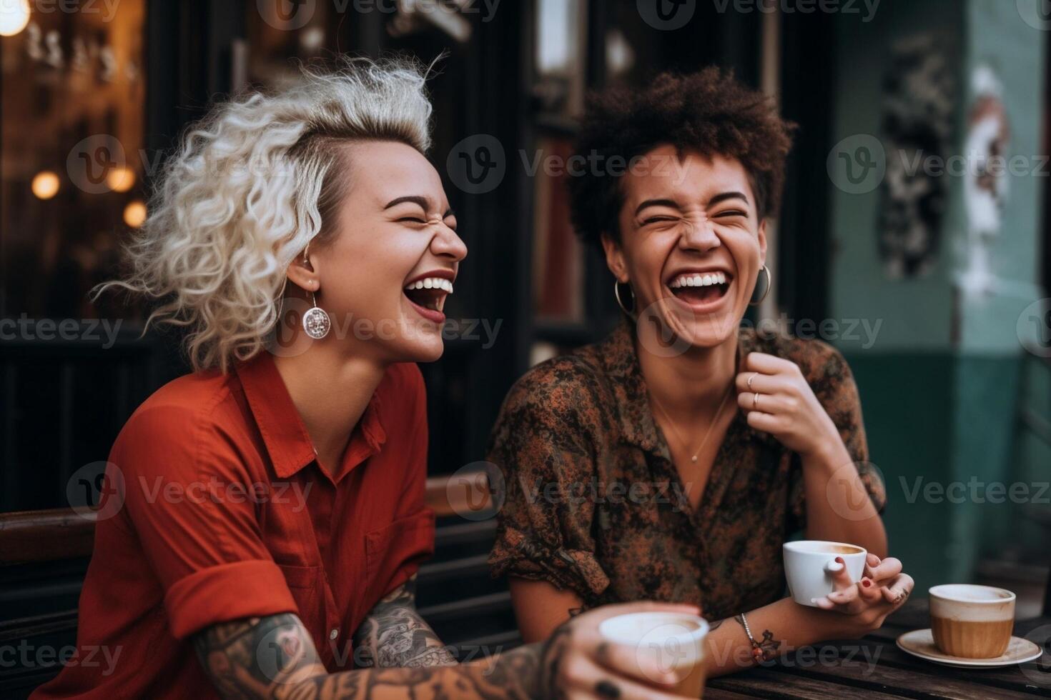 ai generativo dos contento mujer riendo Bebiendo té Pareja de sonriente amigos teniendo divertido detrás el vaso de un bar foto