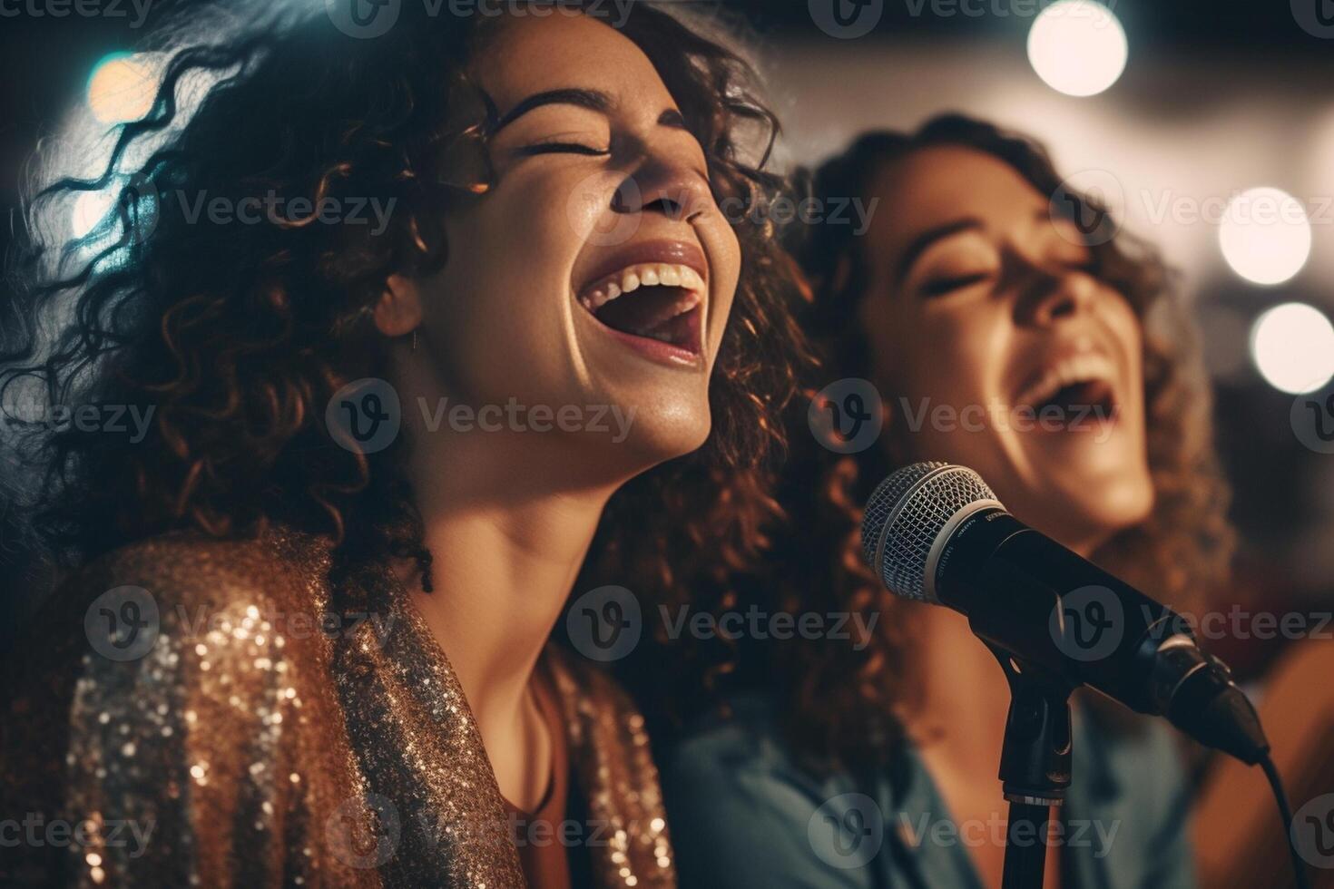 ai generativo dos mujer riendo y teniendo divertido canto juntos en micrófono en un radio estudio foto