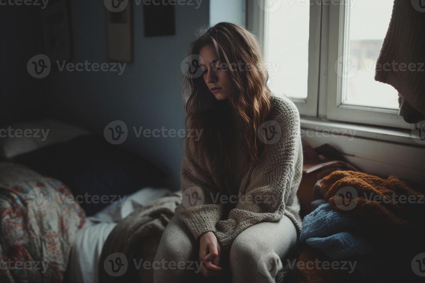 ai generativo infeliz y triste mujer vistiendo boxeo guantes y vestir llorando sentado en el cama en el habitación foto