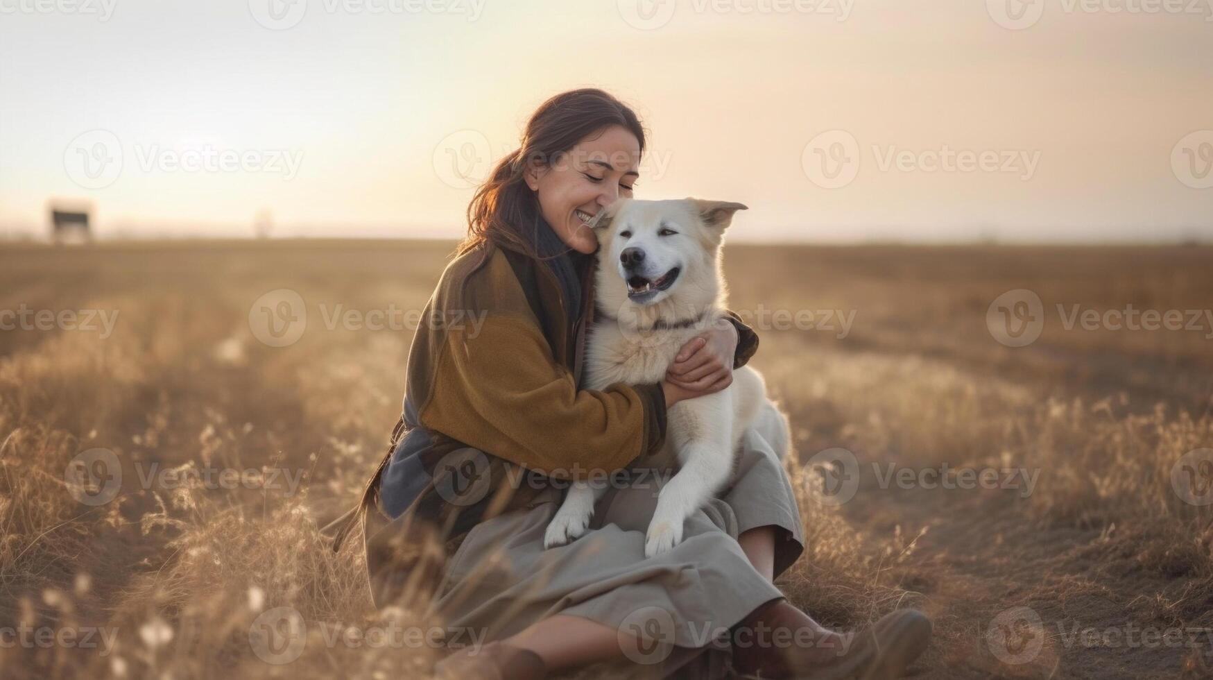 AI Generative White dog is kissing its owner in the countryside  caucasian people  people animal nature and lifestyle concept photo
