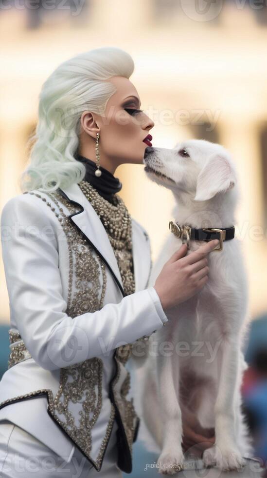 ai generativo blanco perro es besos sus propietario al aire libre caucásico personas personas animal naturaleza y estilo de vida concepto foto