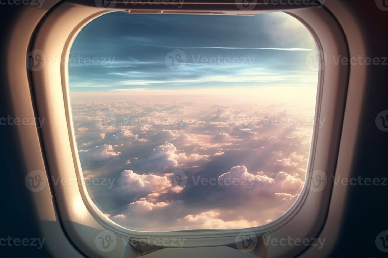 AI Generative Wing of an airplane flying above the clouds people looks at the sky from the window of the plane photo