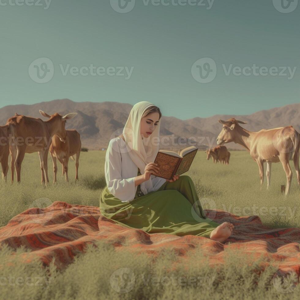 AI Generative Woman lying on the grass read a book in the countryside photo