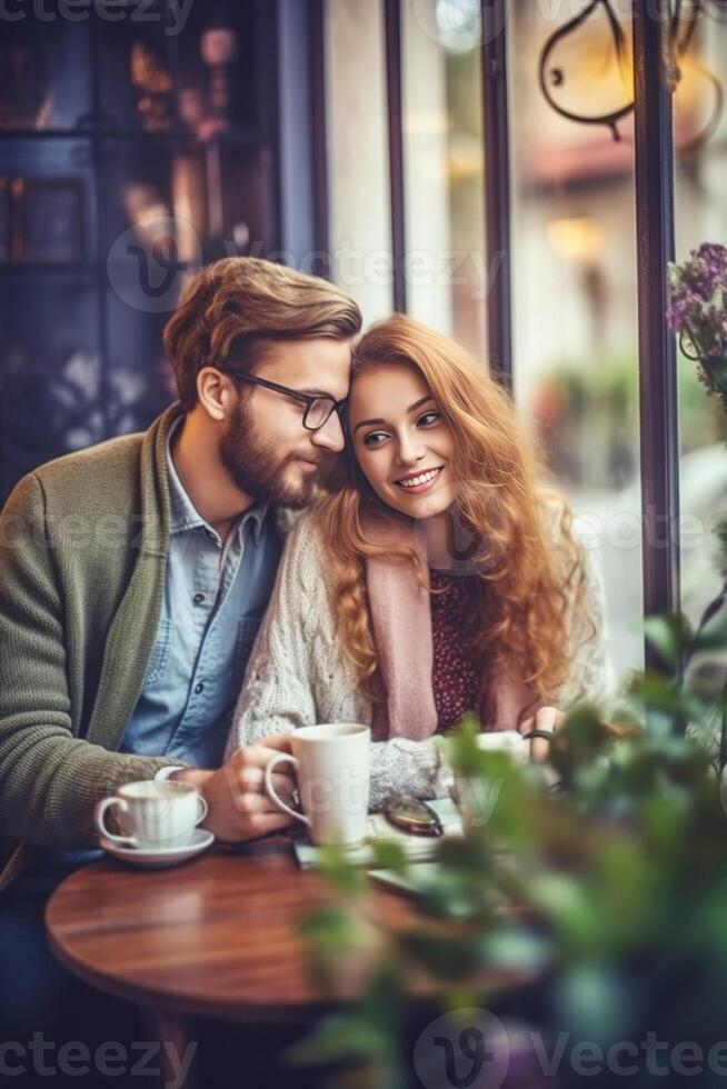 ai generativo joven atractivo Pareja en amor en fecha en café tienda ellos son sentado cara a cara foto