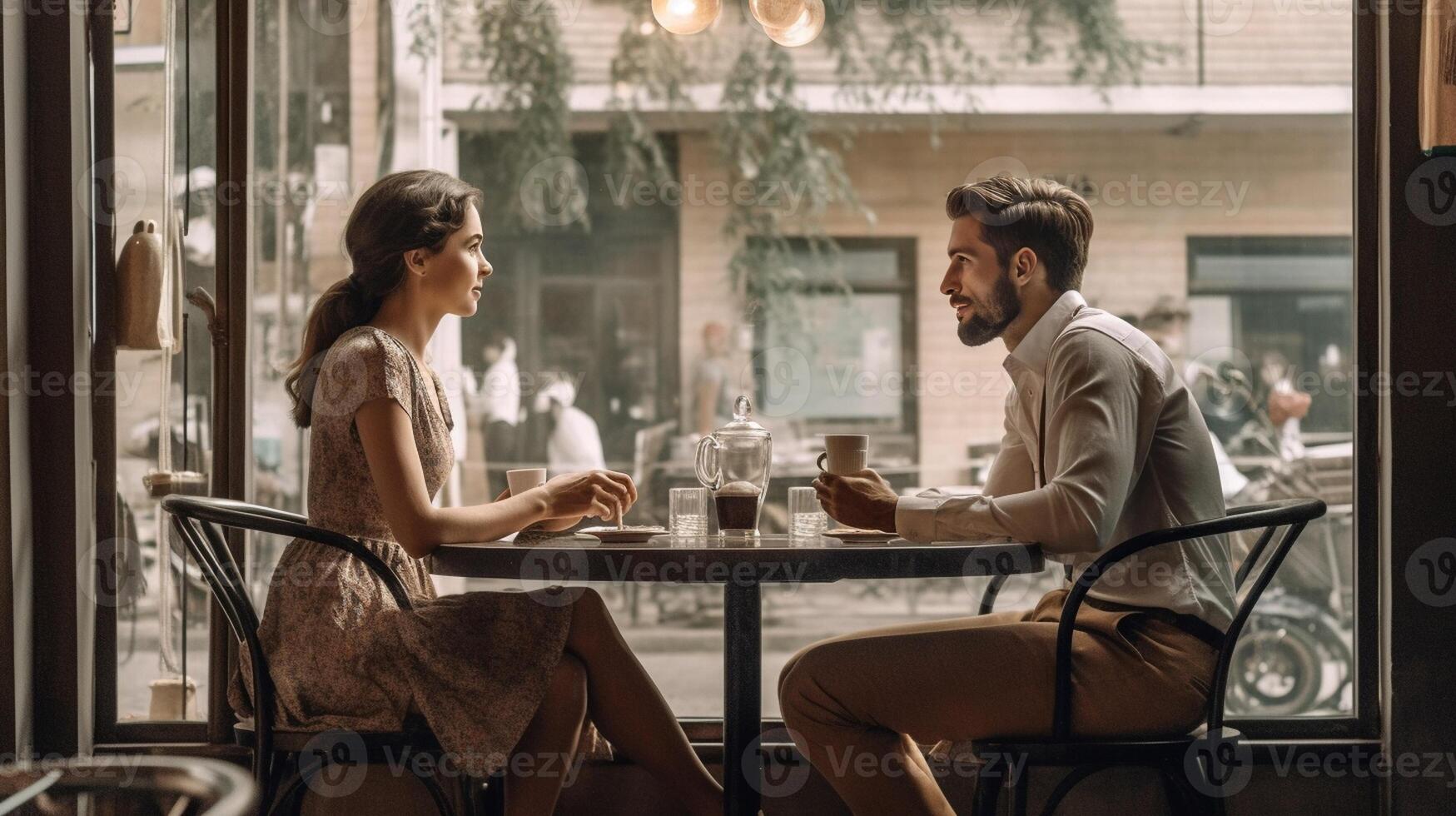 ai generativo joven atractivo Pareja en amor en fecha en café tienda ellos son sentado cara a cara foto