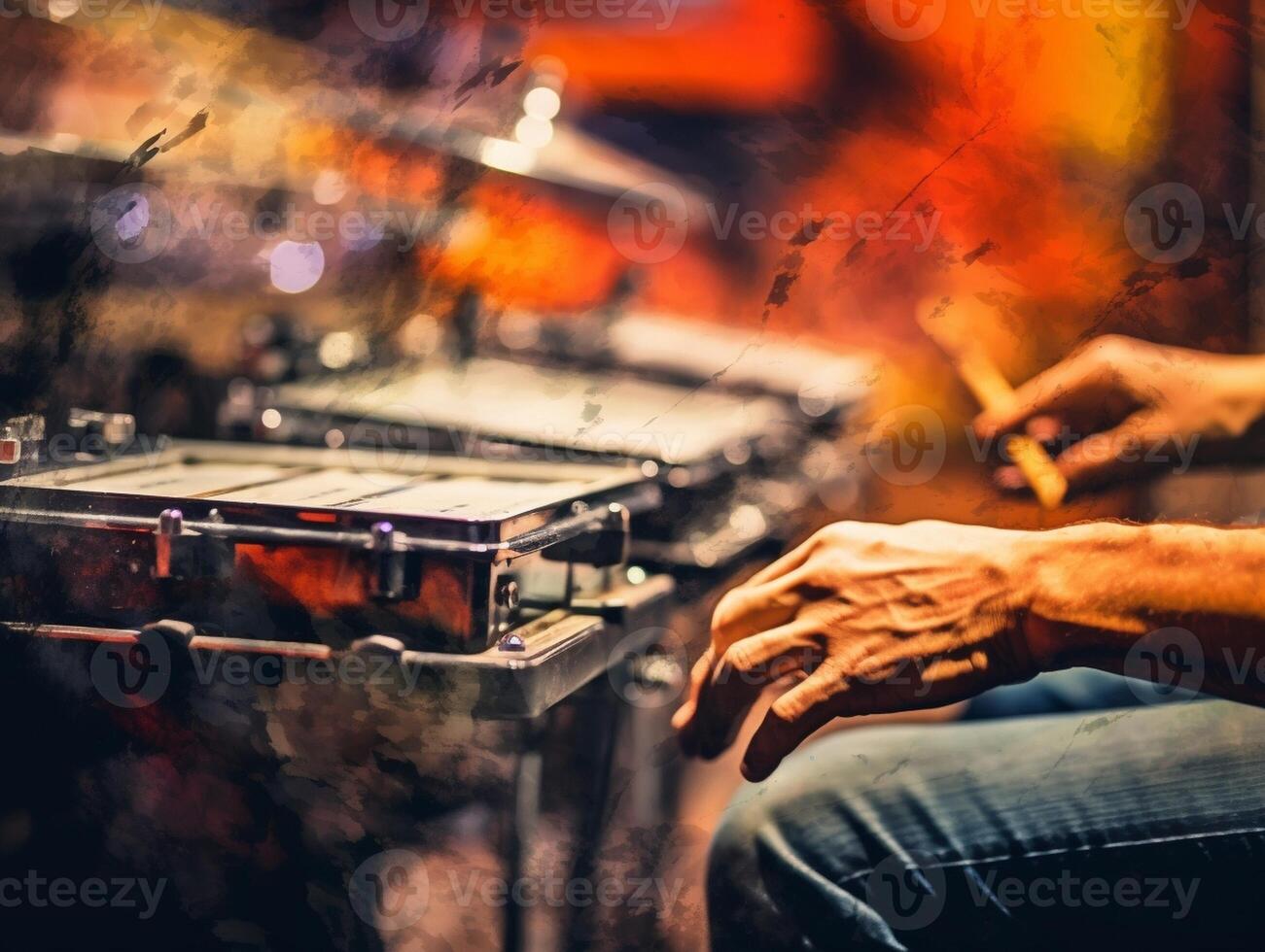 AI Generative Young band music recording a song at the studio Close up of a drummer holding chopsticks photo
