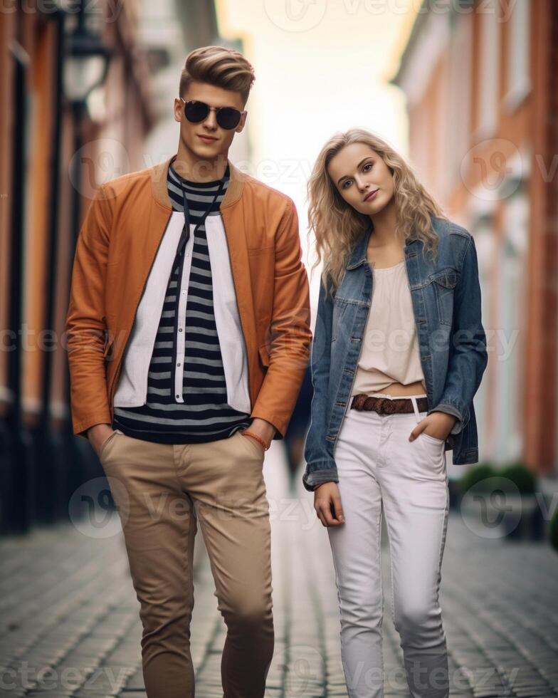 AI Generative Young couple in love outdoor Sensual outdoor portait of young stylish fashion couple posing in summer in the city photo