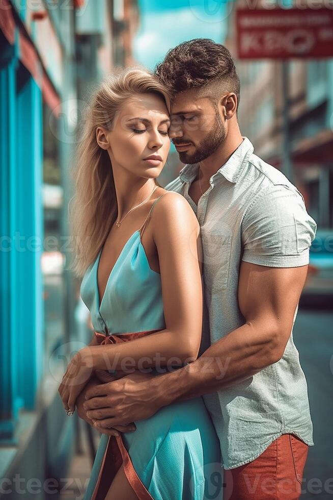 AI Generative Young couple in love outdoor Sensual outdoor portait of young stylish fashion couple posing in summer in the city photo