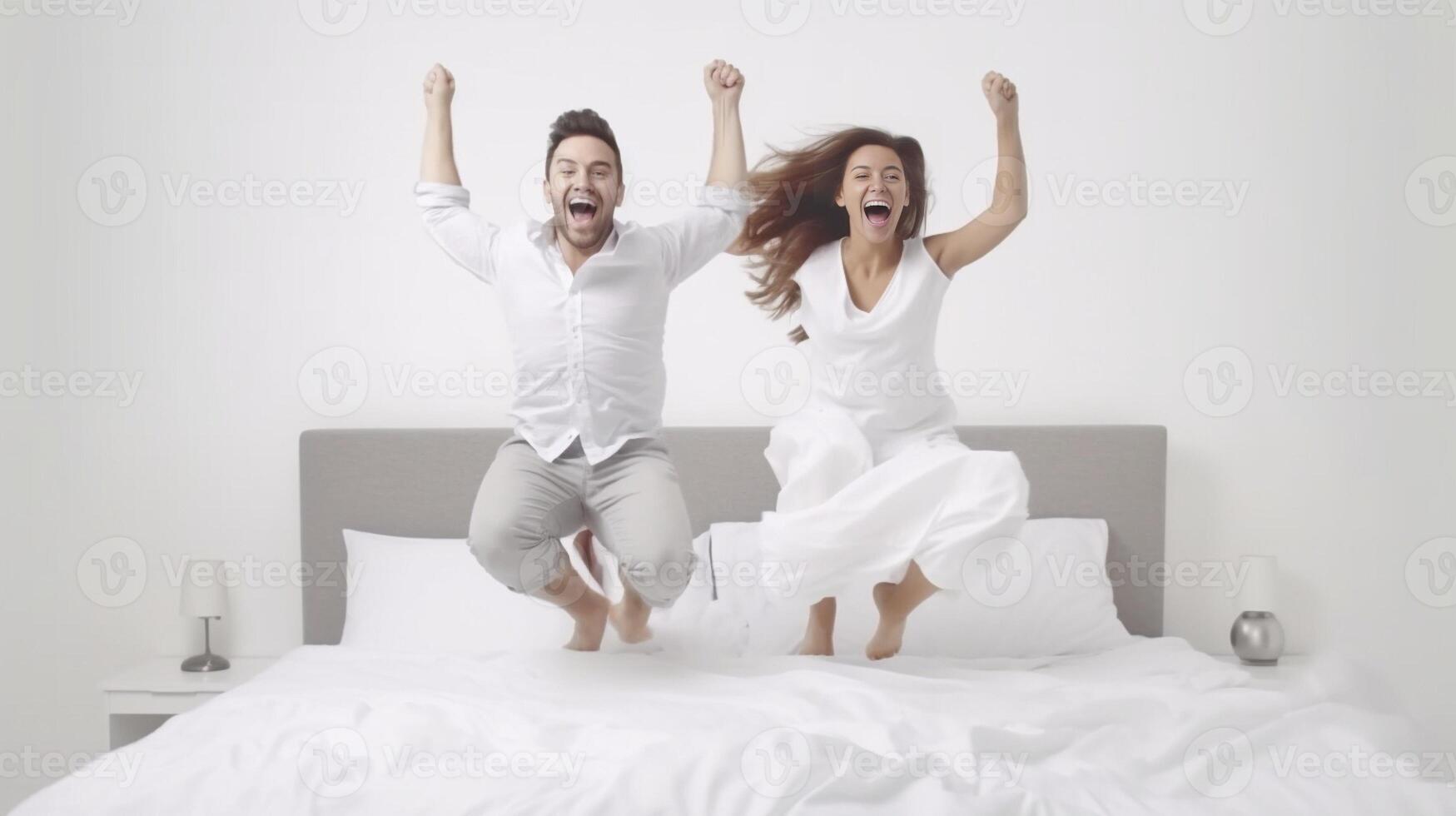 AI Generative Young couple lying in bed having fun laughing while tickling together People in love smiling at home in the bedroom photo